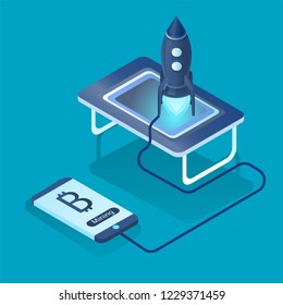 Business Start Up Concept for web page, banner, presentation, social media, news. Vector illustration, business project bitcoin mobile phone mining, idea through planning and strategy