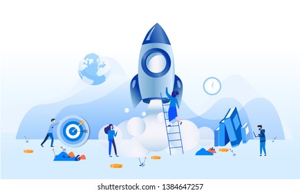 Business Start Up Concept for web page, banner, presentation, social media. Vector illustration, business project startup process, idea through planning and strategy, time management, realization