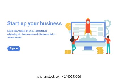 Business start up concept for web page, banner, presentation, social media. Flat vector illustration, business project startup process, idea through planning and strategy, time management, realization