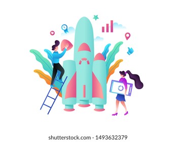 Business Start Up Concept for web page, banner, presentation, social media. Vector illustration, business project startup process, idea through planning and strategy, time management, realization