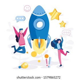 Business Start Up Concept for web page, banner, presentation, social media. Vector illustration, business project startup process. Satisfaction, Positive people, 