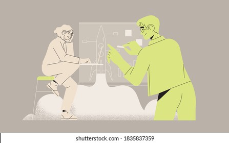 Business start up concept for web page, ui, banner, presentation, social media. New business launch process, idea project planning and realization, strategy. Young company launch rocket into space.