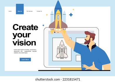 Concepto de emprendimiento empresarial para página web, ui, banner, presentación, medios sociales. Nuevo proceso de lanzamiento comercial, planificación y realización de proyectos de ideas, estrategia. Una empresa joven lanza un cohete al espacio
