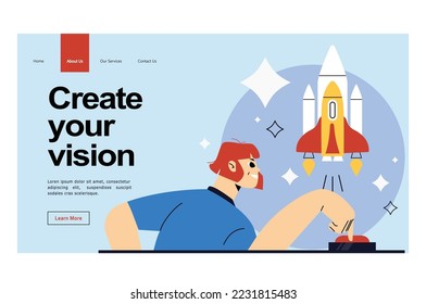 Concepto de emprendimiento empresarial para página web, ui, banner, presentación, medios sociales. Nuevo proceso de lanzamiento comercial, planificación y realización de proyectos de ideas, estrategia. Una empresa joven lanza un cohete al espacio
