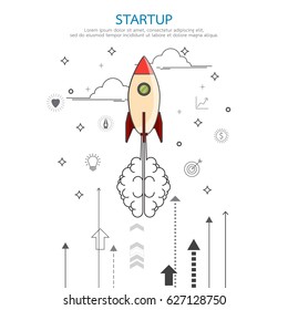 Business start up concept.Brainstorm rocket idea style in flat line design.Line vector illustration.