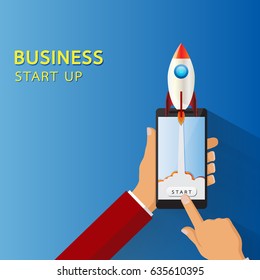 Business start up concept.Rocket start up with smart phone in flat design.Vector illustration.