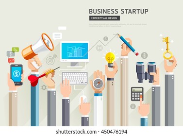 Business start up conceptual design. Set of business hands services. Vector Illustrations.