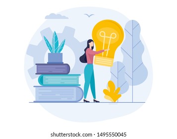 Business and Start up design.Vector illustration.Start Up with light bulbes in the flat style. Woman holding giant glowing electric light bulb. Concept of innovative idea. Young Woman and Books