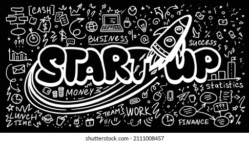 Business start up doodles with rocket icons set on the blackboard. Vector illustration.