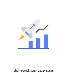 icono plano de inicio de negocio diseñado en estilo plano decorado con elementos de icono de cohete e iconos de gráficos porcentuales en el tema del icono de negocio