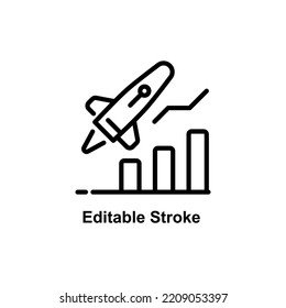 business start icon designed in outline style decorated with rocket icon elements and percentage graph icons in business icon theme