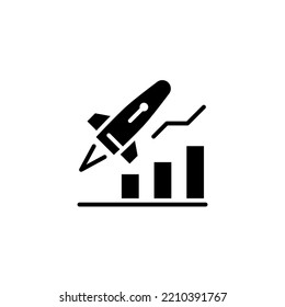 business start icon designed in solid black style decorated with rocket icon elements and percentage graph icons in business icon theme