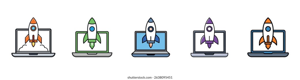 Business start up icon, Business Start-Up Icon Featuring Rocket Launching from Laptop Screen Representing Online Business Launch, Startup Acceleration,Marketing Growth, New Project Kickoff