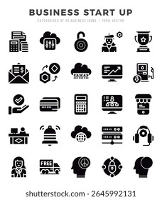 Business Start Up Icons Pack. Glyph icons set. Glyph icon collection set.