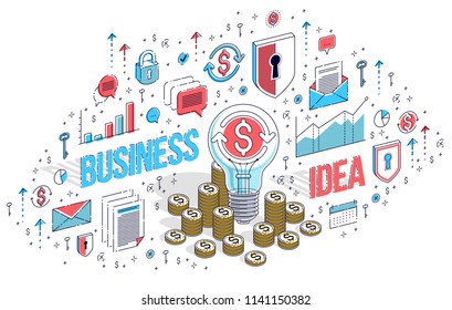 Business start up Idea concept, Light Bulb with cash money stack and coins piles. Vector 3d isometric business illustration with icons, stats charts and design elements.