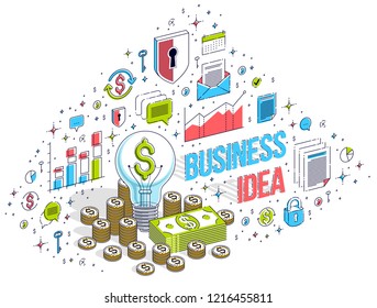 Business start up Idea concept, Light Bulb with cash money stack and coins piles. Vector 3d isometric business illustration with icons, stats charts and design elements.