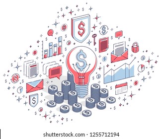 Business start up Idea concept, Light Bulb with cash money stack and coins piles. Vector 3d isometric business illustration with icons, stats charts and design elements.