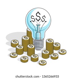 Business start up Idea concept, Light Bulb with cash money stack and coins piles. Isometric vector business and finance illustration, 3d thin line design.