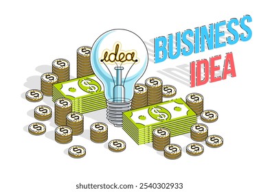 Unternehmensgründung Ideenkonzept, Glühbirne mit Bargeldstapel und Münzhaufen. Isometrische Vektorgrafik für Geschäfts- und Finanzwelt, 3D-Dünnlinien-Design.