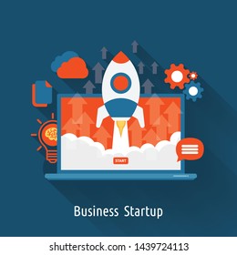 Business start up idea template. Start up rocket idea. New business project start up, launching new product or service in flat design