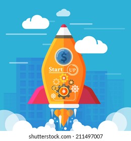 Business start up idea template. Start up rocket idea. New business project start up, launching new product or service in flat design