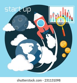 Business start up idea template. Start up rocket idea. New business project start up, launching new product or service in flat design