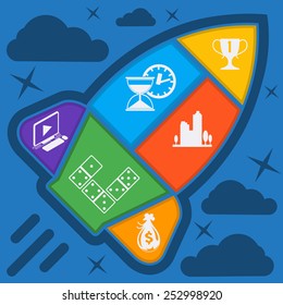 Business start up idea template. Start up rocket idea. New business project start up, launching new product or service in flat design
