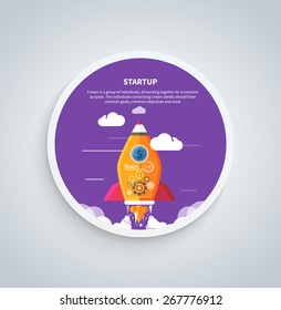 Business start up idea template. Start up rocket idea. New business project start up, launching new product or service in flat design on round banner
