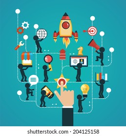 Business start infographics template. Scheme with humans, icons and gears