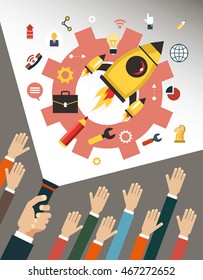 Business start infographics template. Vector concepts and icons in flat style - start up and innovation business signs and symbols.  Hand of man with a lantern illuminates Business icons.