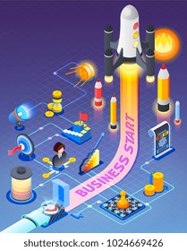 Business start isometric composition on purple background with button for rocket launch, finance, planning, strategy, vector illustration 