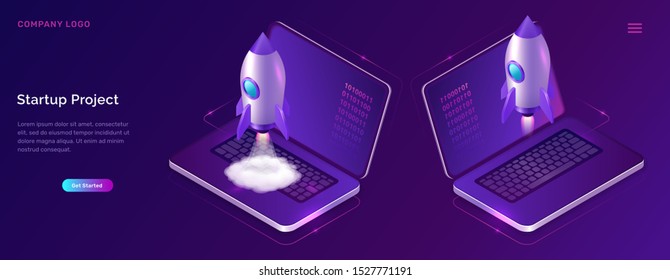 Business start up isometric concept vector illustration. Rocket taking off with fire and smoke, open laptop on ultraviolet background. Spaceship launching purple web page