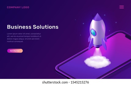 Business start up isometric concept vector illustration. Rocket taking off with fire and smoke cloud, mobile phone on ultraviolet background. Spaceship launching purple web page