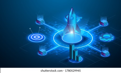 Business start up isometric concept vector illustration.The rocket takes off over a neon circle of light. Gear, graph, search, goal, target on futuristic blue background. Business startup technologies