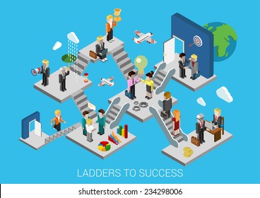 Business start, ladders to success flat 3d isometric design infographic concept template vector illustration. Creation development growth movement insurance partnership HR target trophy promotion.