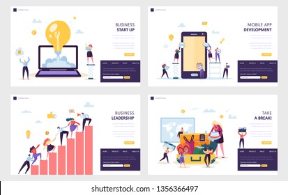 Business Start Up Landing Page Set. Mobile App Development, Leadership Practical Skill for Guide Team, Vacation after Heavy Work Website or Web Page. Flat Cartoon Vector Illustration