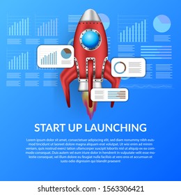 business start up launching illustration concept with 3D rocket flying with info graphic data analysis.