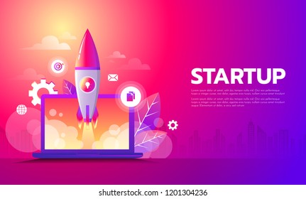 Business Start up launching product with rocket concept. Template and Background. Startup Concept.