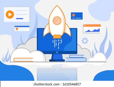 Business Start up launching product with rocket concept. Template and Background. Startup Concept.