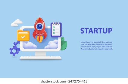 Business Start up launching product with rocket and computer concept. Project management. Innovative Startup Concept. 3d vector