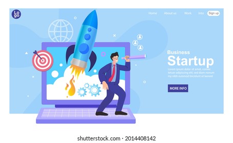 Business start up launching rocket with computer and server. Startup coaching and mentorship concept. Successful launch of startup. Financial planning, Idea, Strategy, Management. vector illustration.