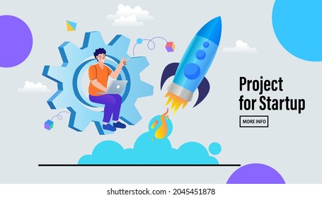 Empresarios lanzan cohetes con computadora y servidor. Concepto de entrenamiento de emprendedores y tutoría. Lanzamiento exitoso del inicio. Planificación financiera, Idea, Estrategia, Gestión. ilustración vectorial.