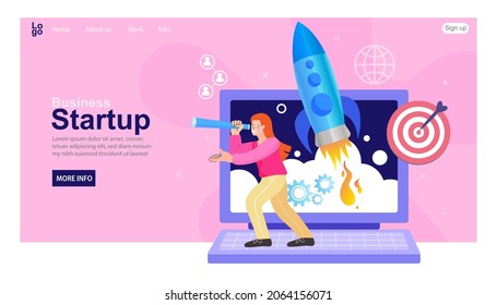 Business Start Up Launching Rocket With Computer And Server. Startup Coaching And Mentorship Concept. Successful Launch Of Startup. Financial Planning, Idea, Strategy, Management. Vector Illustration.