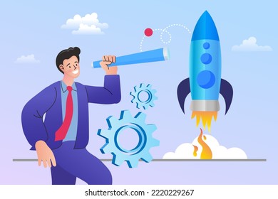 Business start up launching rocket with computer and server. Startup coaching and mentorship concept. Successful launch of startup. Financial planning, Idea, Strategy, Management. vector illustration.