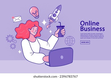 Empresarios lanzan cohetes con computadora y servidor. Concepto de entrenamiento de emprendedores y tutoría. Lanzamiento exitoso del inicio. Planificación financiera, Idea, Estrategia, Gestión. ilustración vectorial.