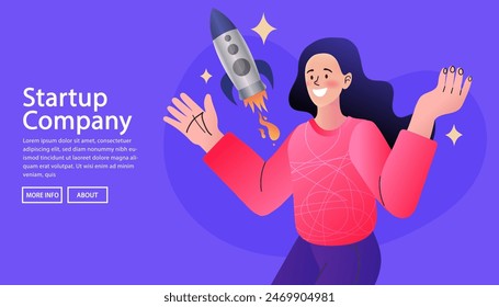 Business start up launching rocket with computer and server. Startup coaching and mentorship concept. Successful launch of startup. Financial planning, Idea, Strategy, Management. vector illustration.