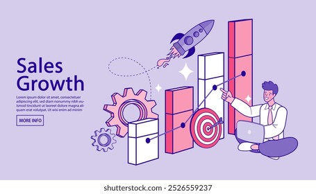 Business start up launching rocket with computer and server. Startup coaching and mentorship concept. Successful launch of startup. Financial planning, Idea, Strategy, Management. vector illustration.
