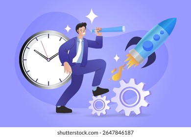 Business start up launching rocket with computer and server. Startup coaching and mentorship concept. Successful launch of startup. Financial planning, Idea, Strategy, Management. vector illustration.