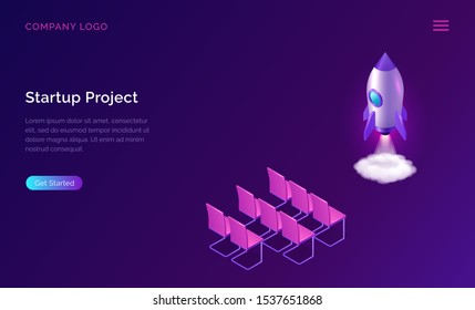 Business start up presentation isometric concept vector illustration. Rocket taking off with fire and smoke and empty audience chairs on ultraviolet background. Spaceship launching purple web page