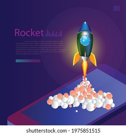 Business start up presentation isometric. Rocket soars to the sky.